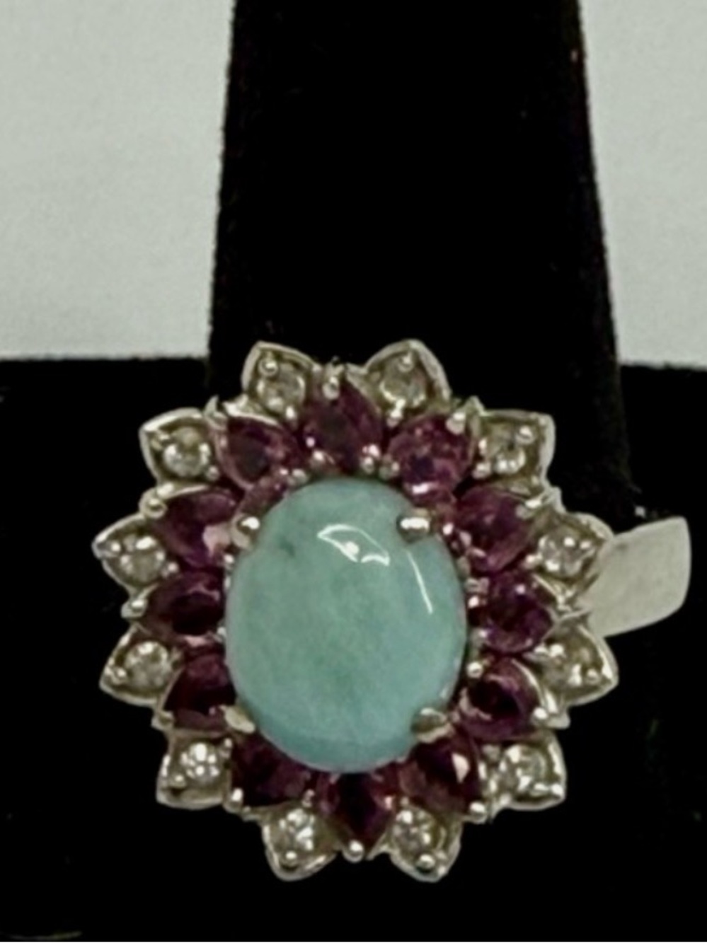 Sterling Silver, Larimar, pink ruby, and moissonite Halo Ring